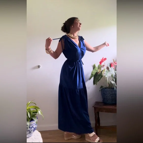 calvin klein blue maxi dress Alex Plunge Striped Maxi Dress  General Pants Co